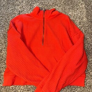 American Eagle Outfitters Bright Red Zip-Front cropped Waffle Sweater
